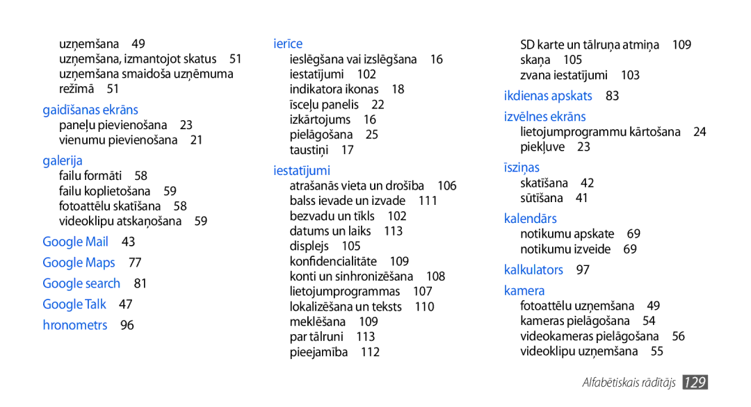 Samsung GT-I5800CWASEB, GT-I5800DKASEB manual Iestatījumi , Indikatora ikonas , 102, 109, Konti un sinhronizēšana , 110 